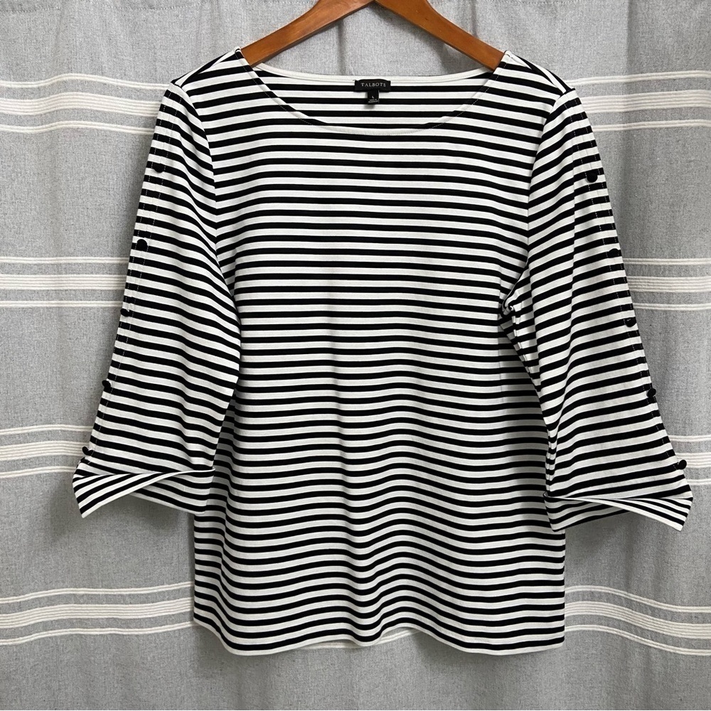 TALBOTS / 3/4 Sleeve Black & White Striped Cotton Top Size L